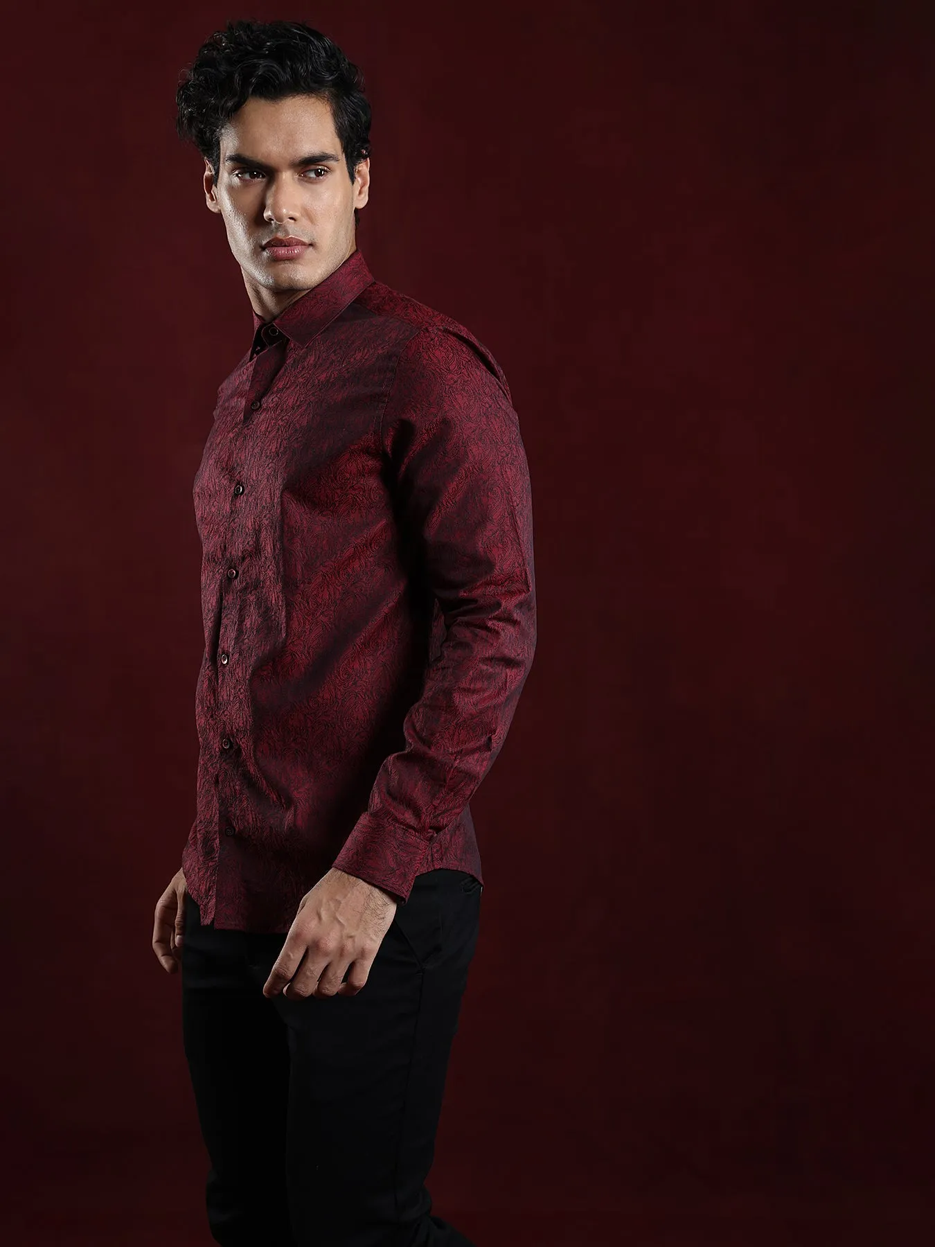 100% Cotton Maroon Jacquard Slim Fit Full Sleeve Ceremonial Shirt