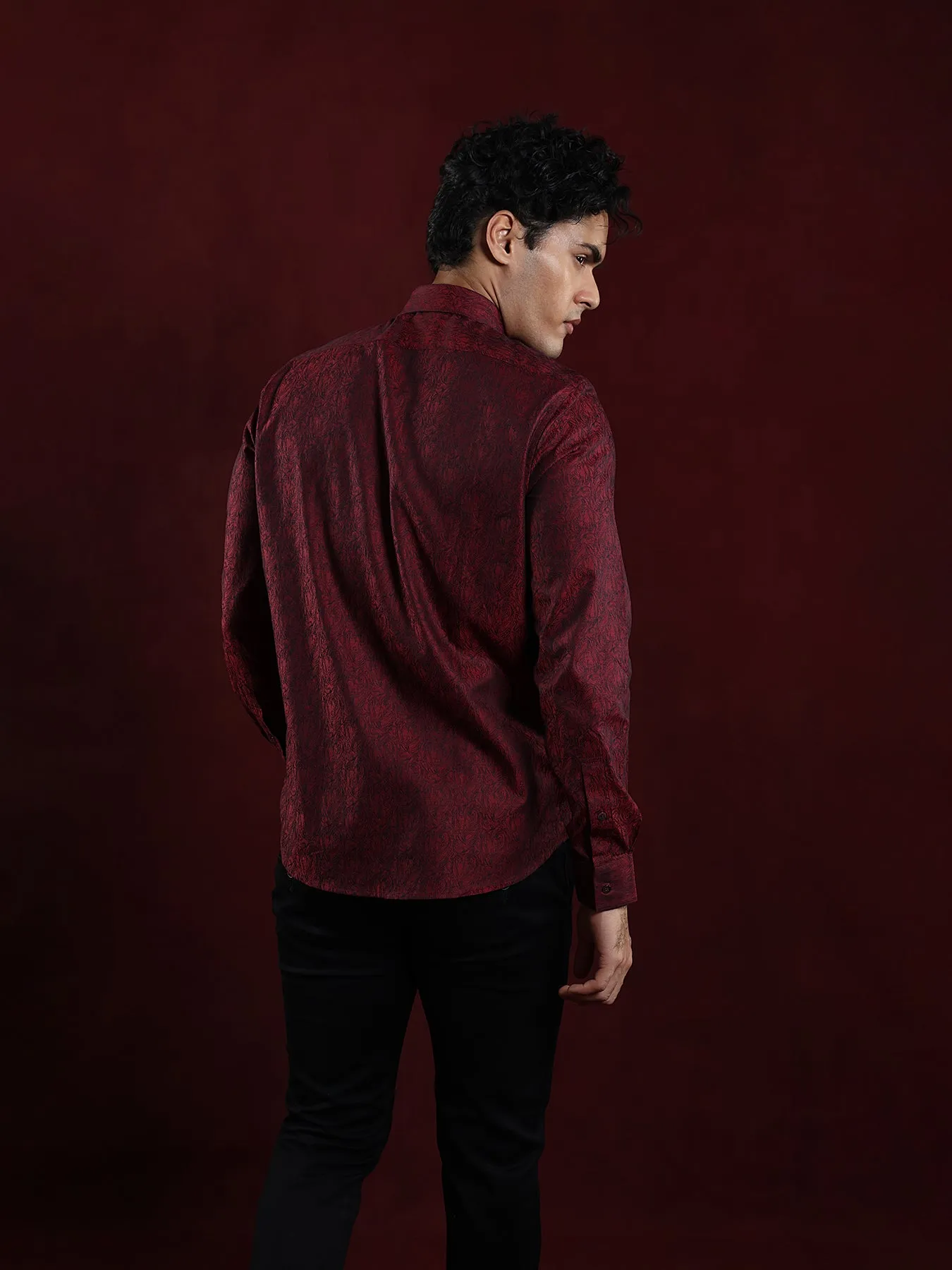 100% Cotton Maroon Jacquard Slim Fit Full Sleeve Ceremonial Shirt