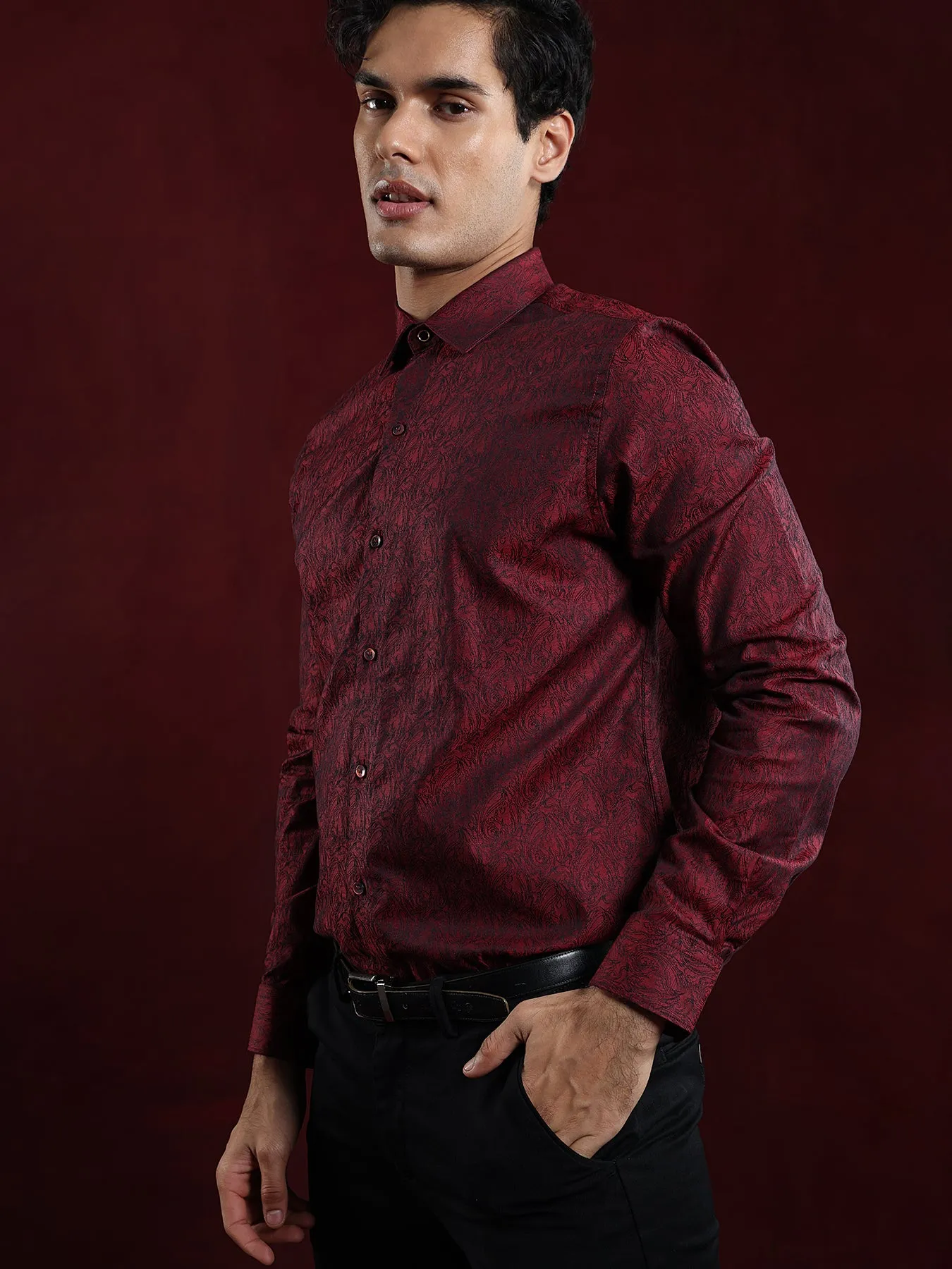 100% Cotton Maroon Jacquard Slim Fit Full Sleeve Ceremonial Shirt