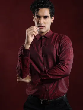 100% Cotton Maroon Jacquard Slim Fit Full Sleeve Ceremonial Shirt