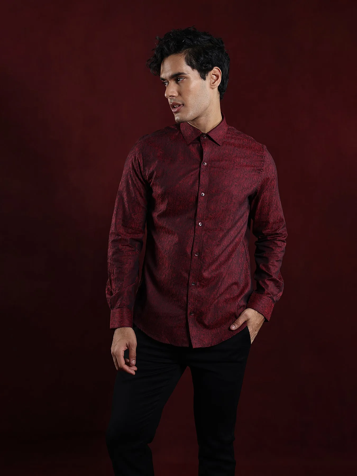 100% Cotton Maroon Jacquard Slim Fit Full Sleeve Ceremonial Shirt