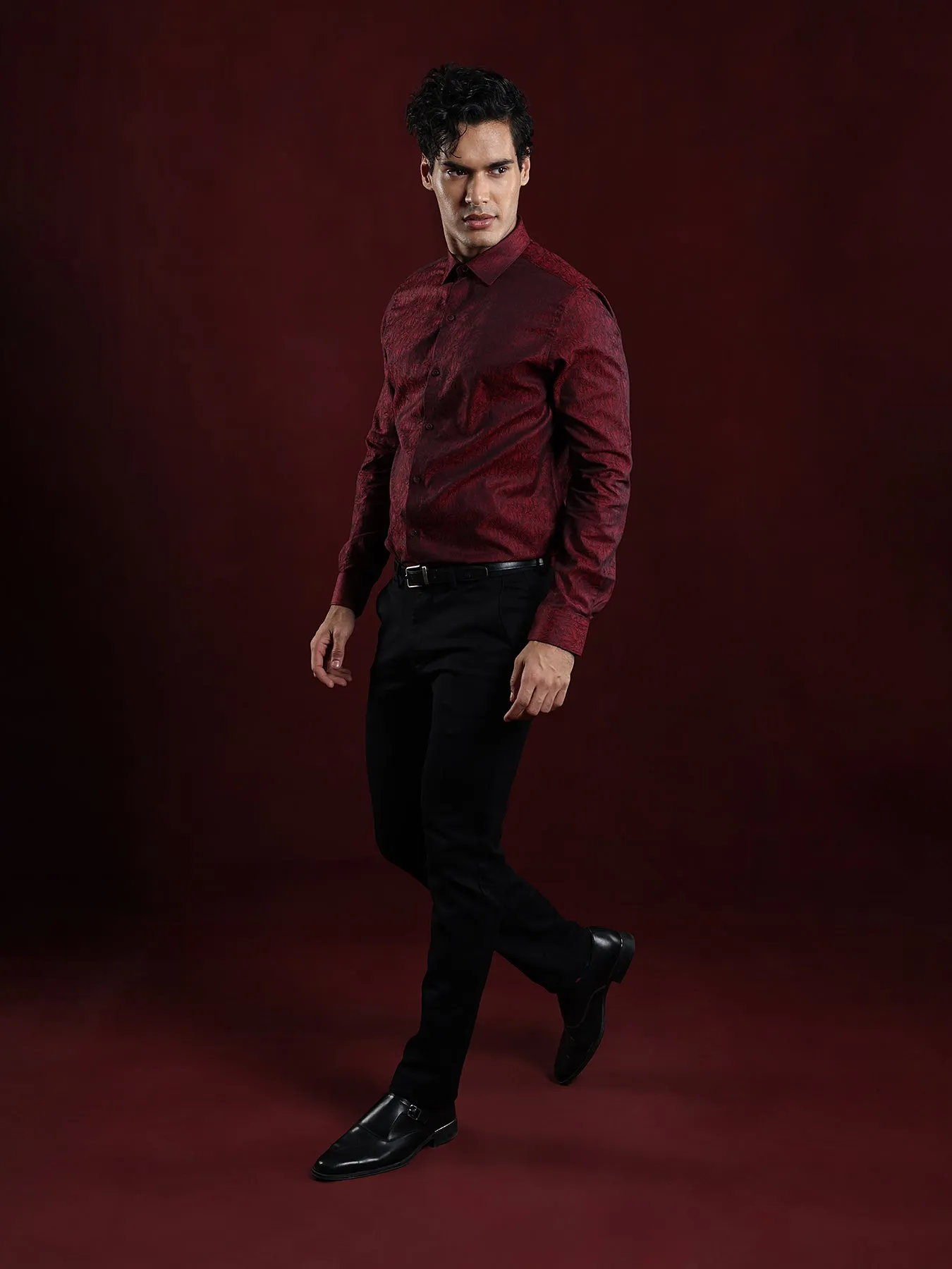 100% Cotton Maroon Jacquard Slim Fit Full Sleeve Ceremonial Shirt