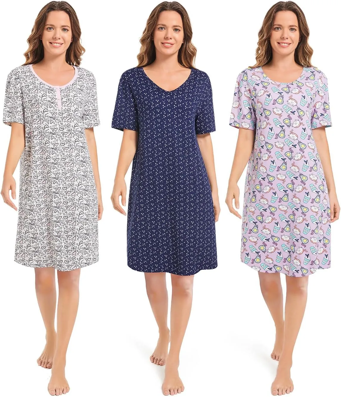 3 Pack Sleepshirts Women's Nightshirt Soft Nightgowns for Women Short Sleeve dress Sleepwear(S-3X)