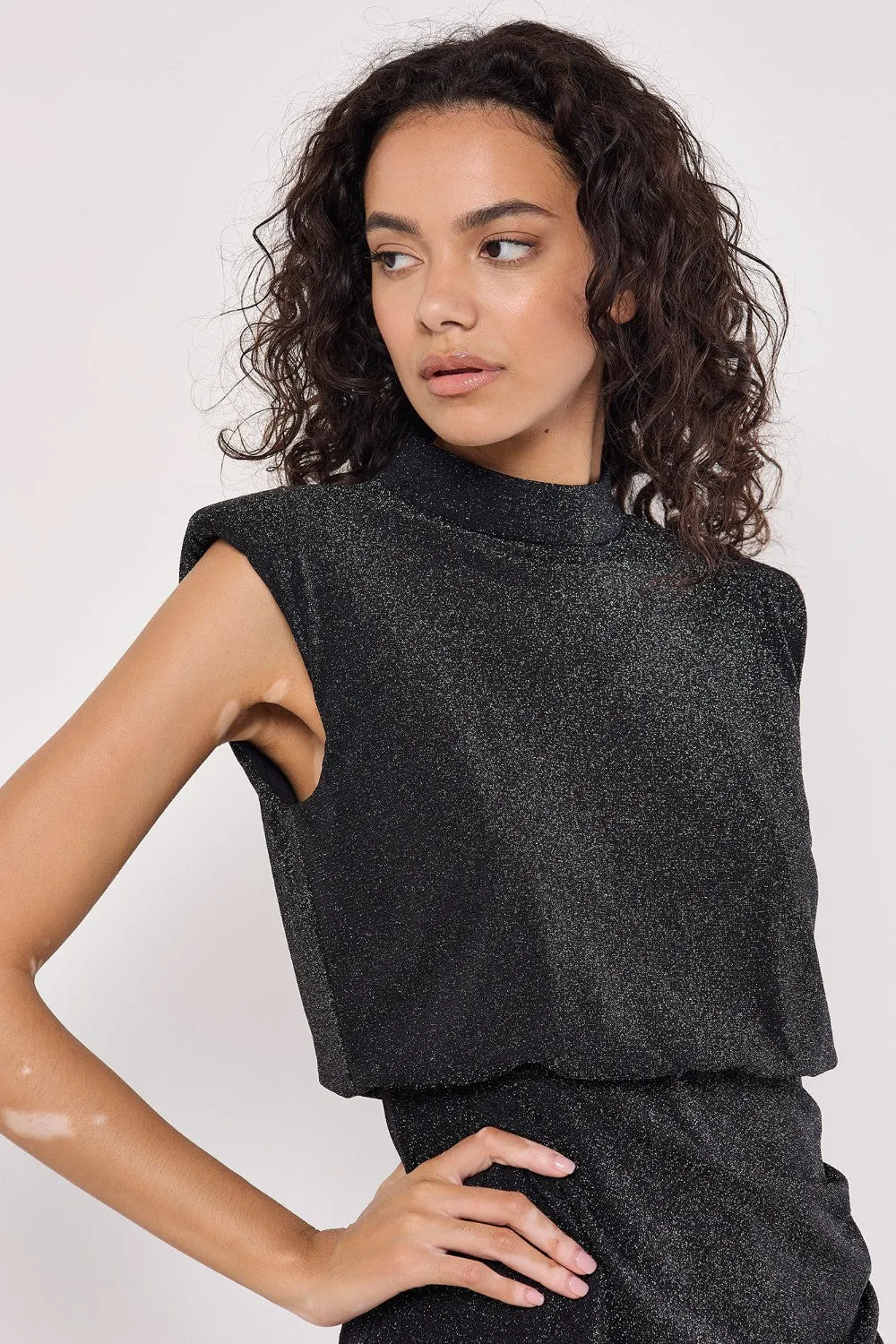 Apricot Sparkle Mock Neck Rouched Dress