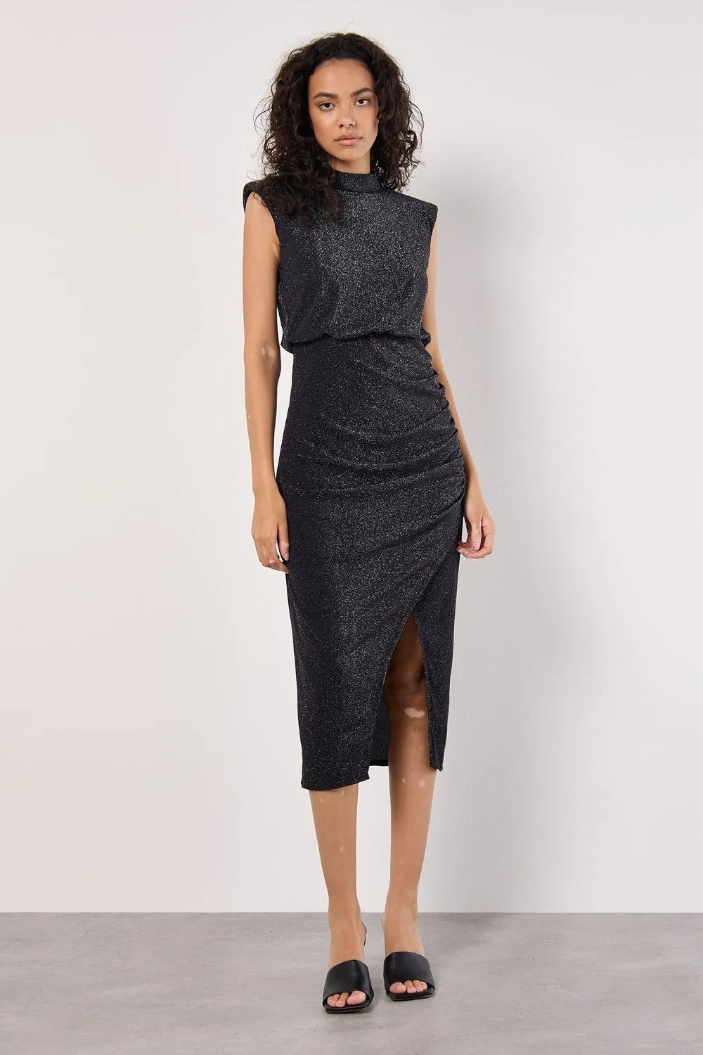 Apricot Sparkle Mock Neck Rouched Dress
