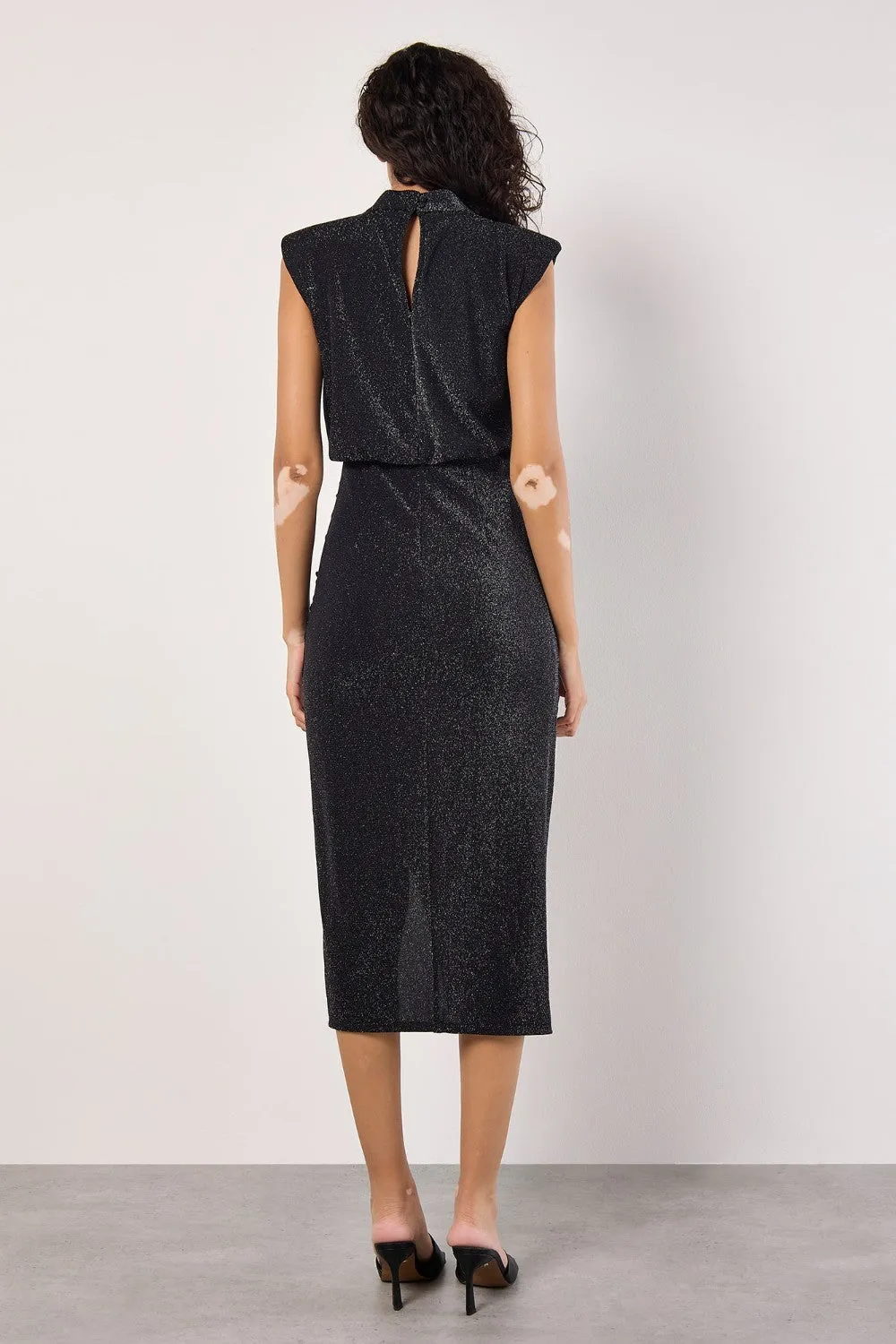 Apricot Sparkle Mock Neck Rouched Dress