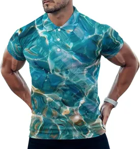 Aqua Blue Ocean Waves Basic Mens T-shirts Button Down Collar Short Sleeve Golf Tees Tops Business Work