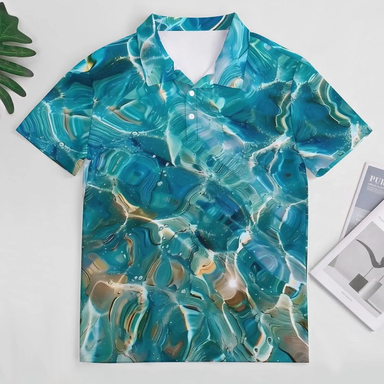 Aqua Blue Ocean Waves Basic Mens T-shirts Button Down Collar Short Sleeve Golf Tees Tops Business Work