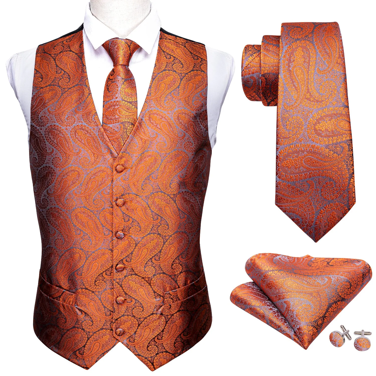 Barry.wang Men's Vest Orange Paisley Silk Tuxedo Vest Necktie Pocket Square Cufflinks Set