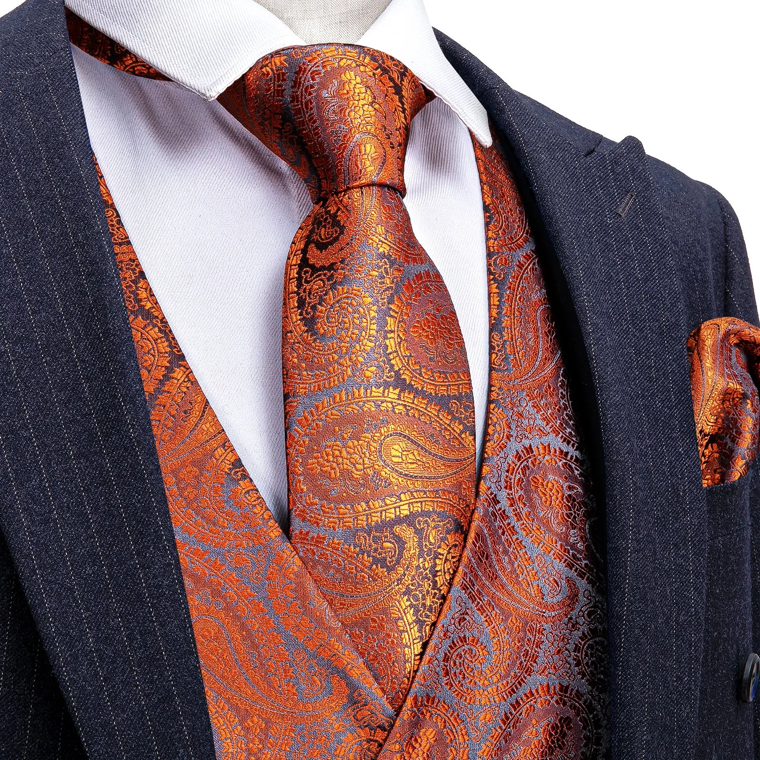 Barry.wang Men's Vest Orange Paisley Silk Tuxedo Vest Necktie Pocket Square Cufflinks Set