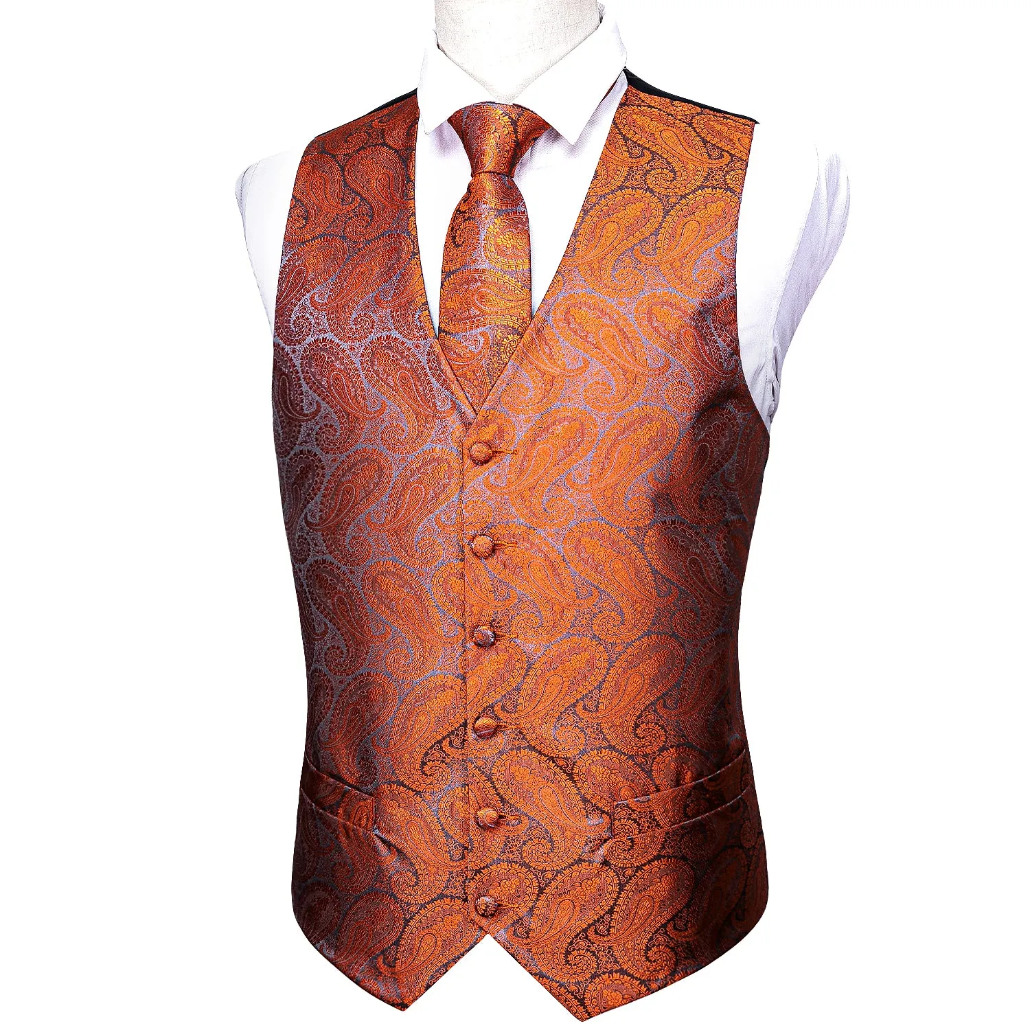 Barry.wang Men's Vest Orange Paisley Silk Tuxedo Vest Necktie Pocket Square Cufflinks Set
