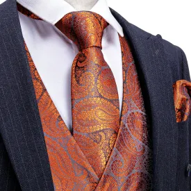 Barry.wang Men's Vest Orange Paisley Silk Tuxedo Vest Necktie Pocket Square Cufflinks Set
