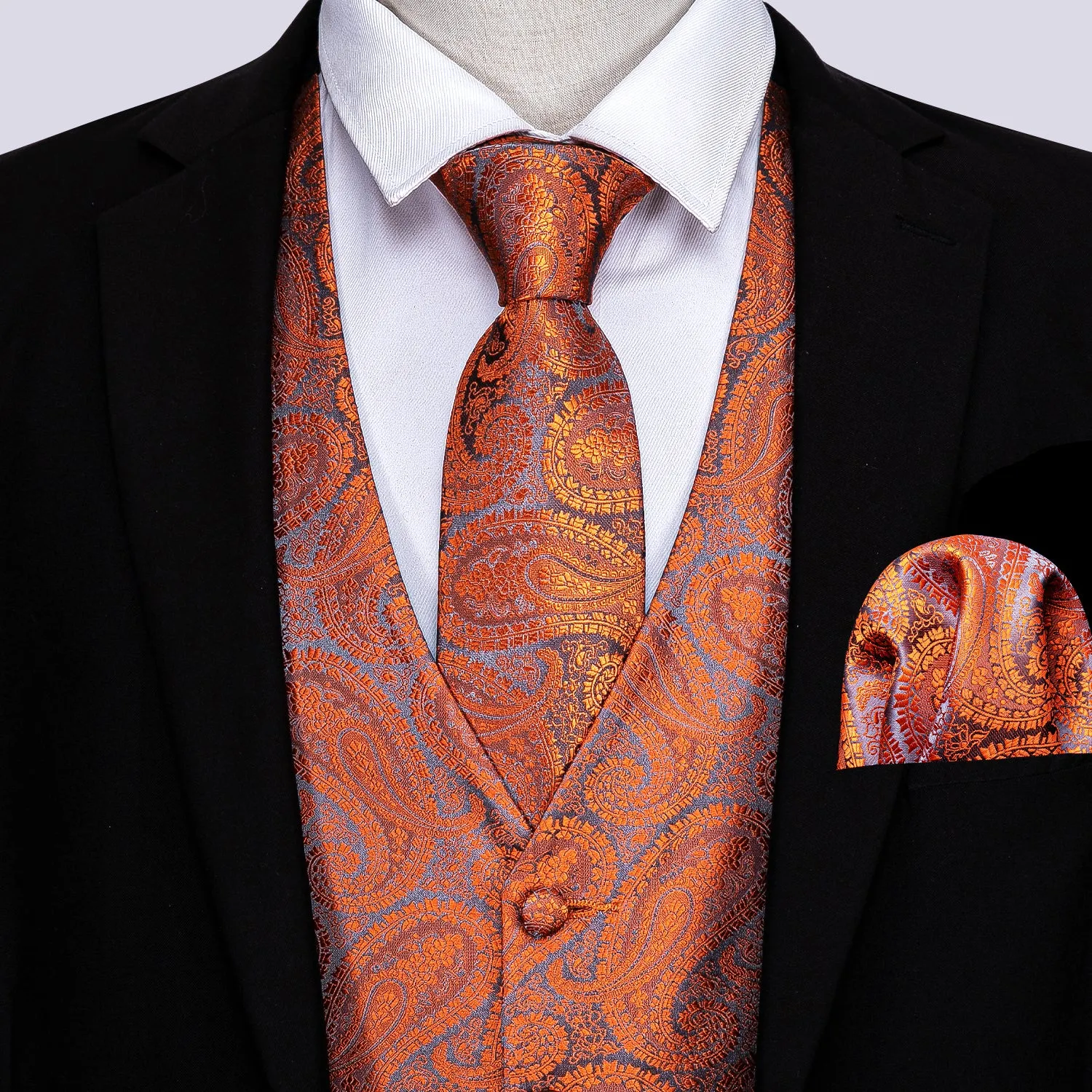 Barry.wang Men's Vest Orange Paisley Silk Tuxedo Vest Necktie Pocket Square Cufflinks Set