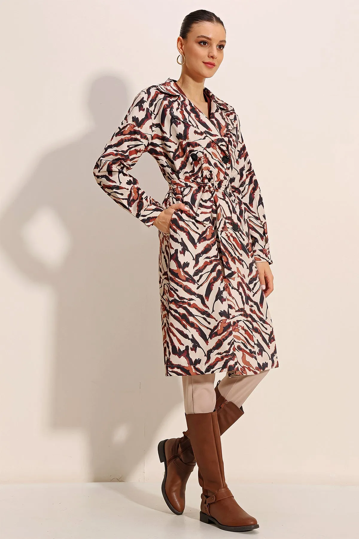 BGD Women Patterned Double Breasted Trench Coat - C. Beige - Avondale