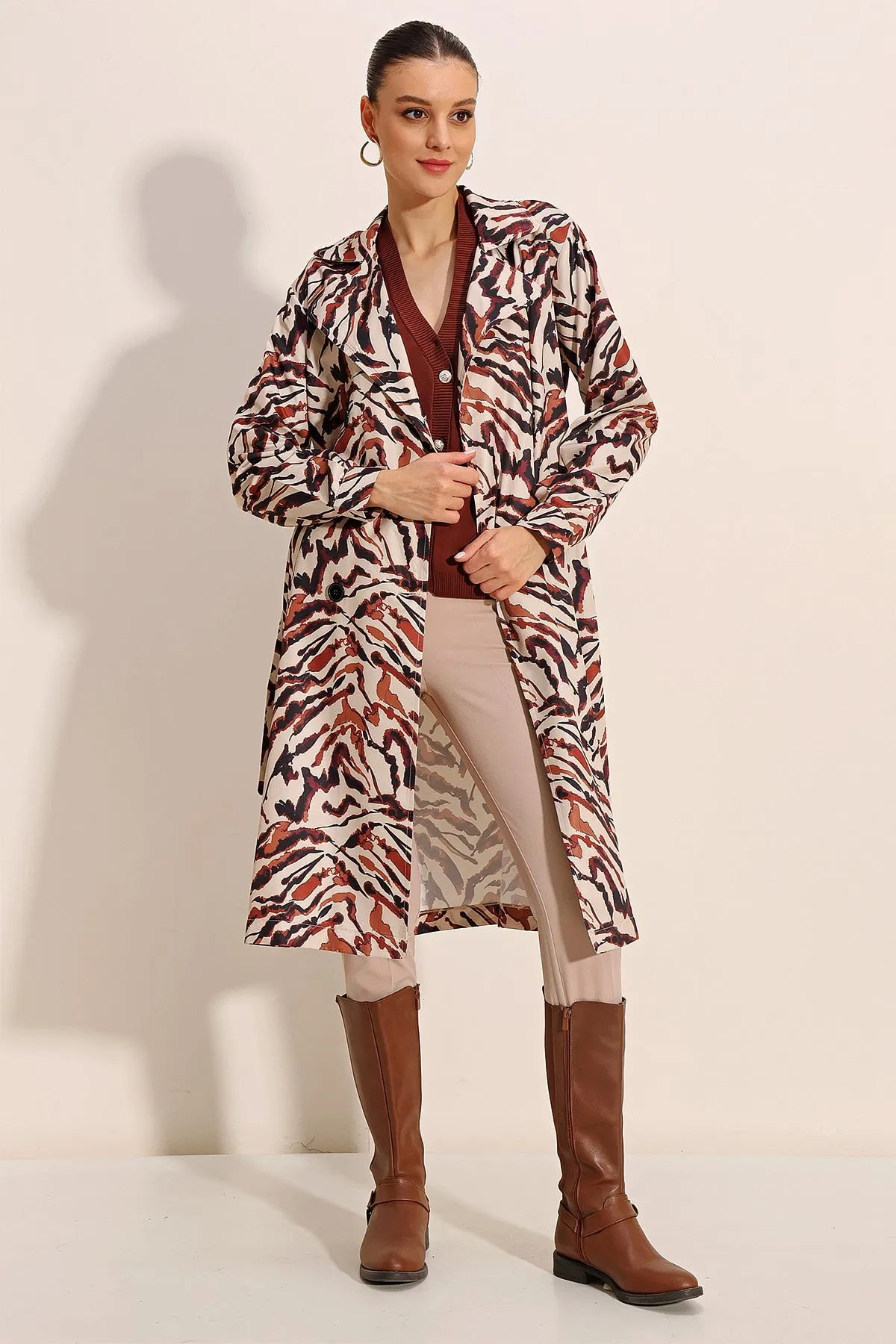 BGD Women Patterned Double Breasted Trench Coat - C. Beige - Avondale