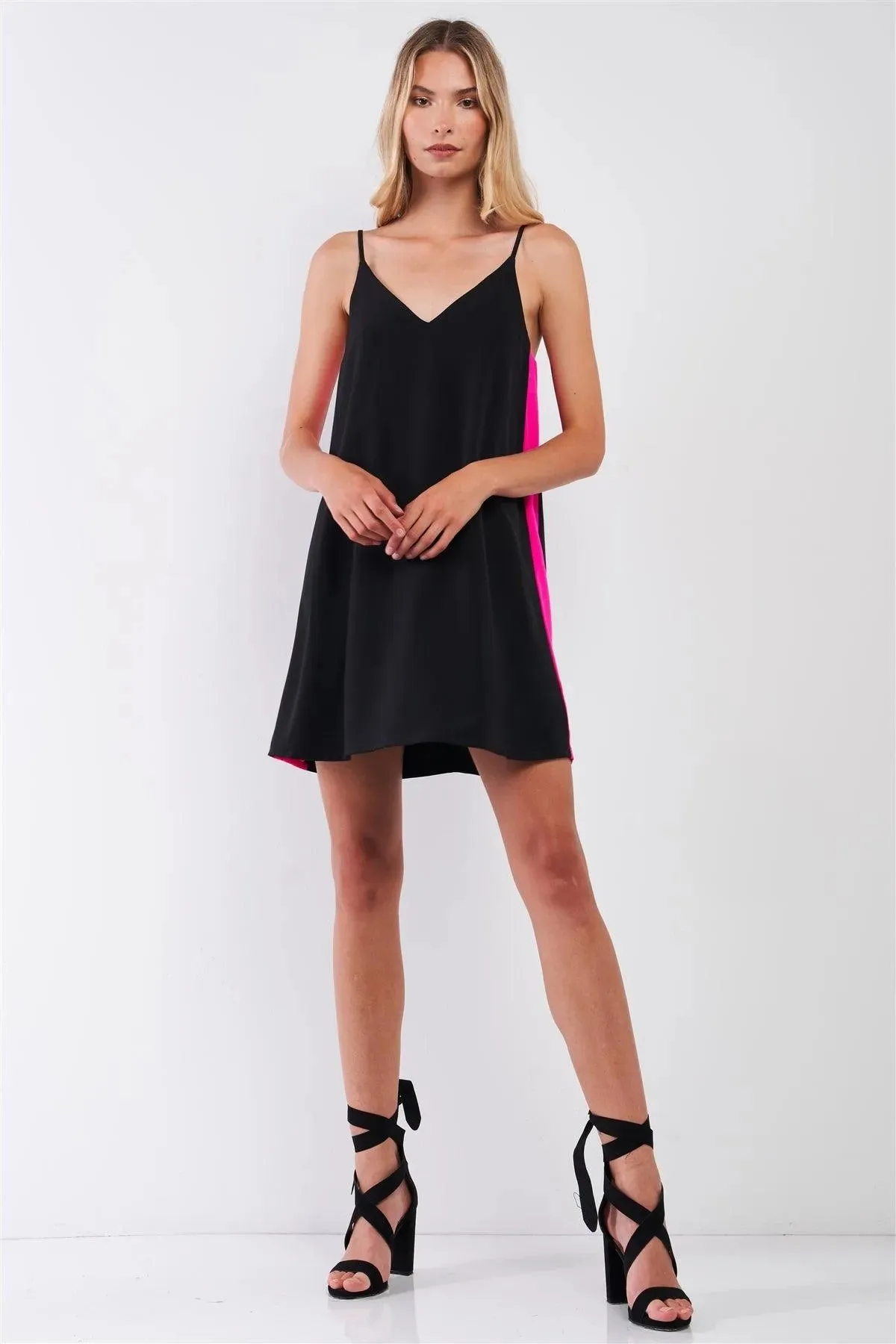 Black & Pink Sleeveless V-Neck Side Stripe Detail Relaxed Mini Dress /1-2-2-1