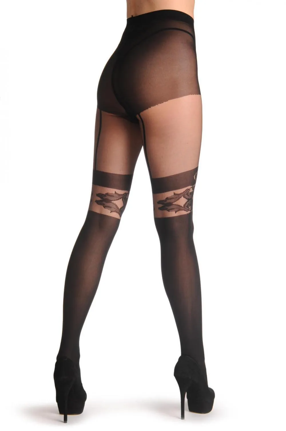 Black Faux Suspender Stocking With Floral Top 40 Den