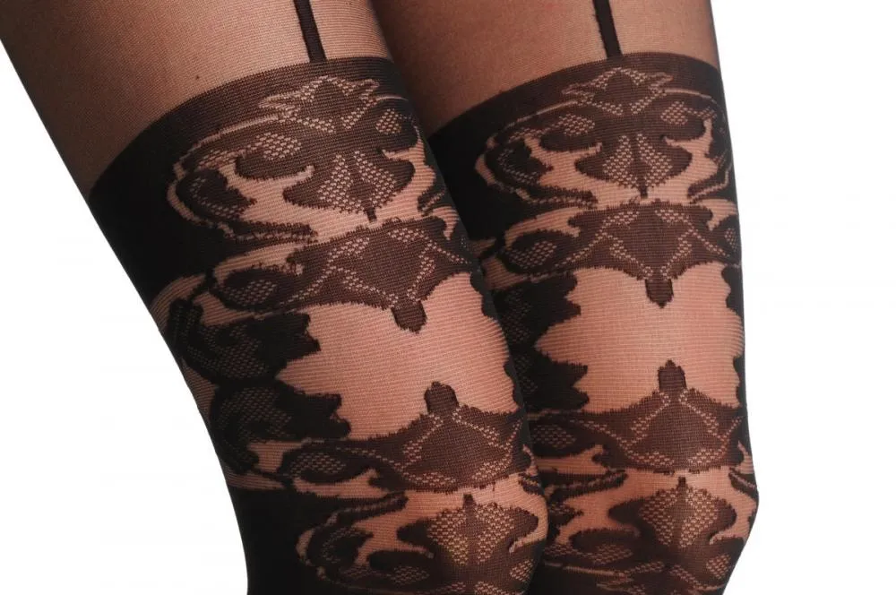 Black Faux Suspender Stocking With Floral Top 40 Den