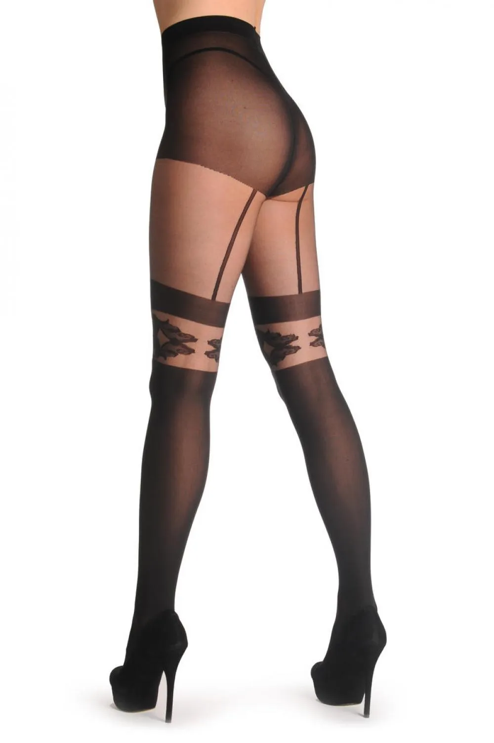 Black Faux Suspender Stocking With Floral Top 40 Den