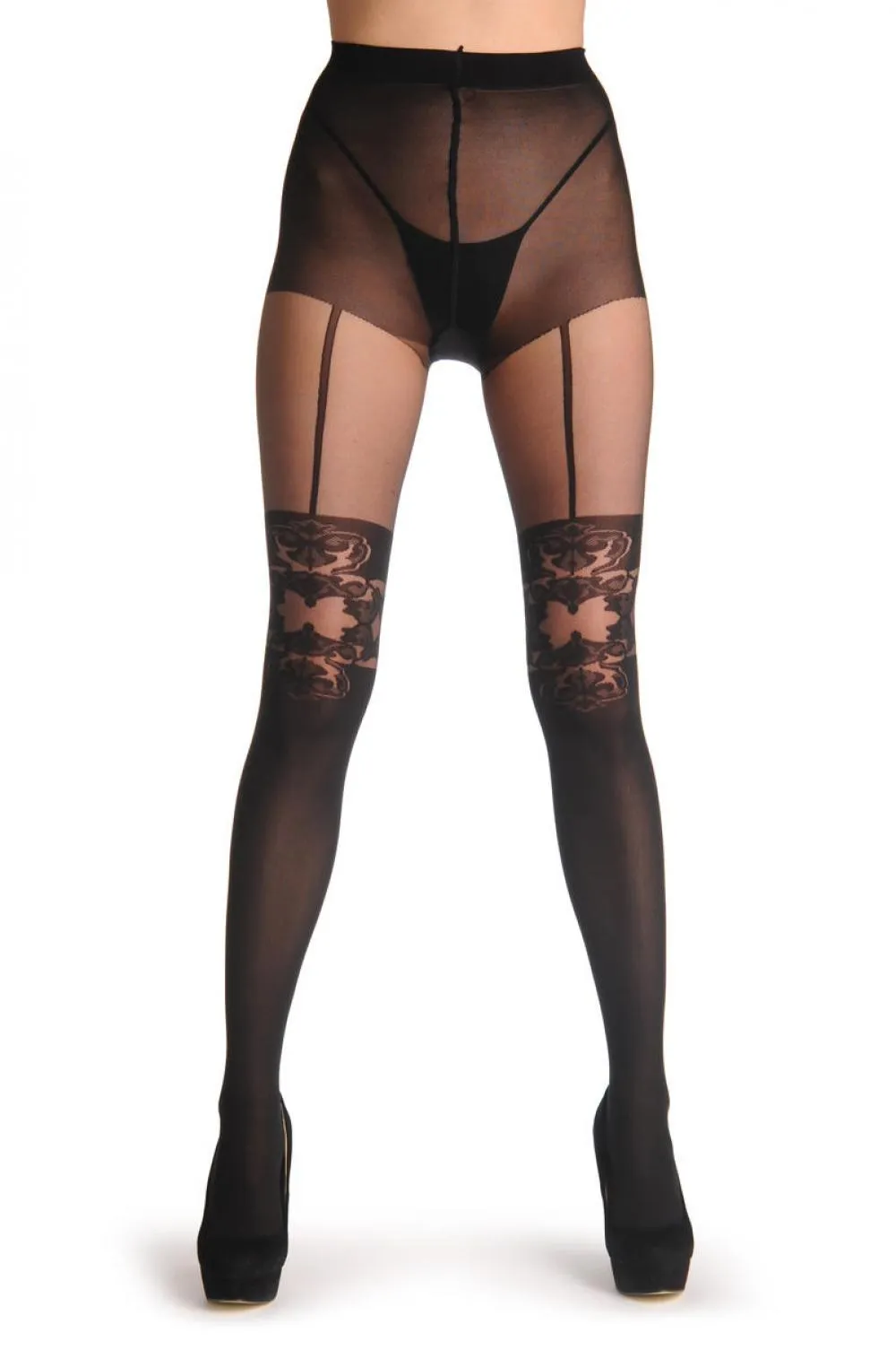 Black Faux Suspender Stocking With Floral Top 40 Den