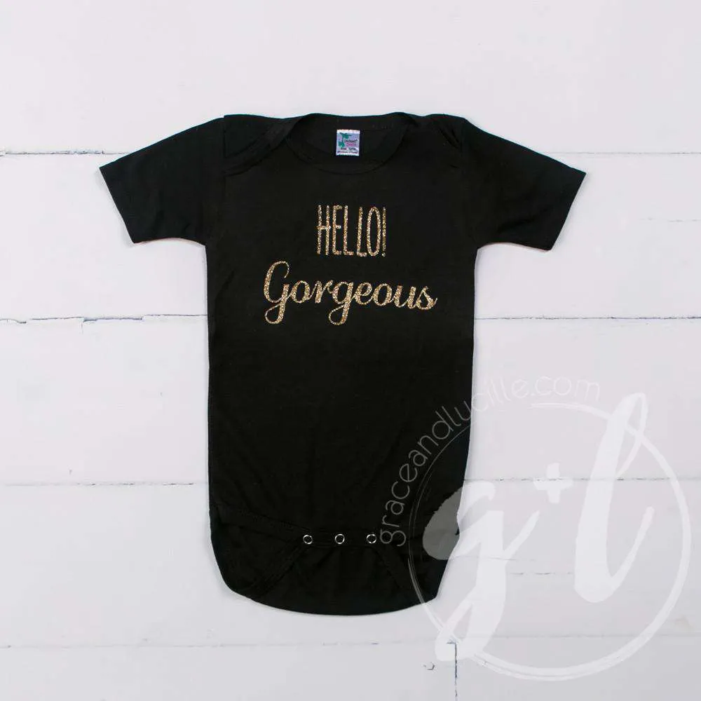 Black Onesie with "HELLO GORGEOUS" Gold Graphics