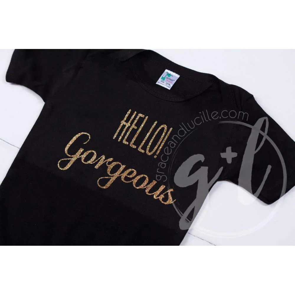 Black Onesie with "HELLO GORGEOUS" Gold Graphics