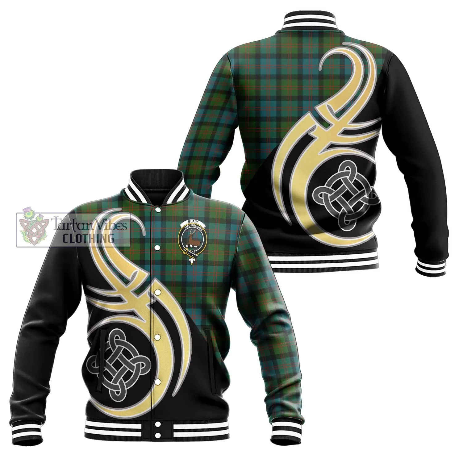 Blair Ancient Tartan Baseball Jacket with Family Crest and Celtic Symbol Style