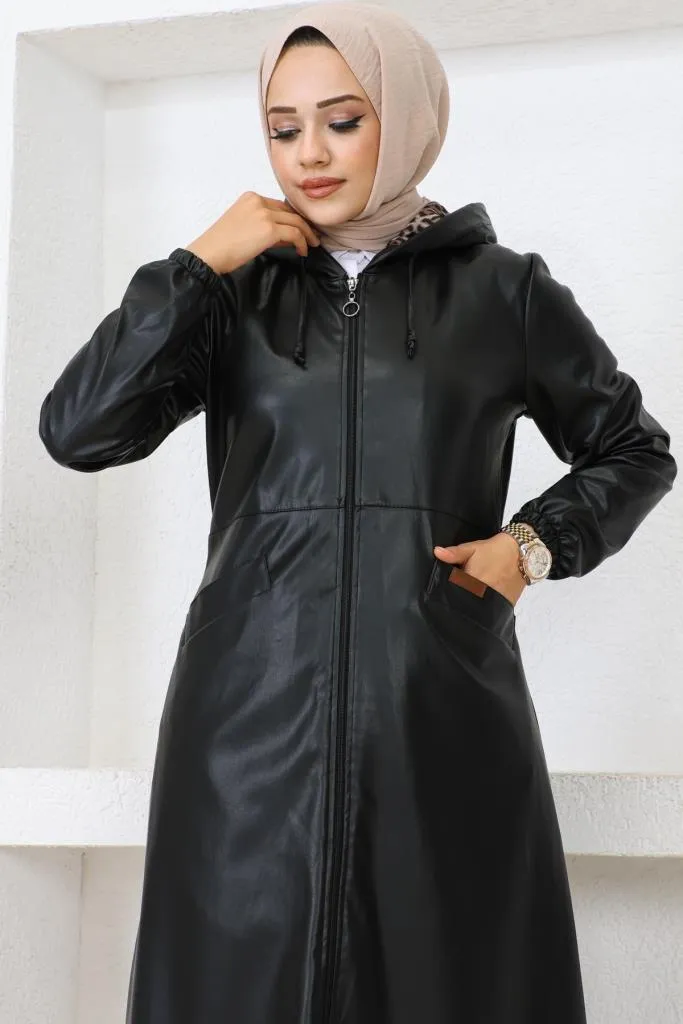 BNG Women Long Hijab Leather Trench Coat-Cap Black - Clermont