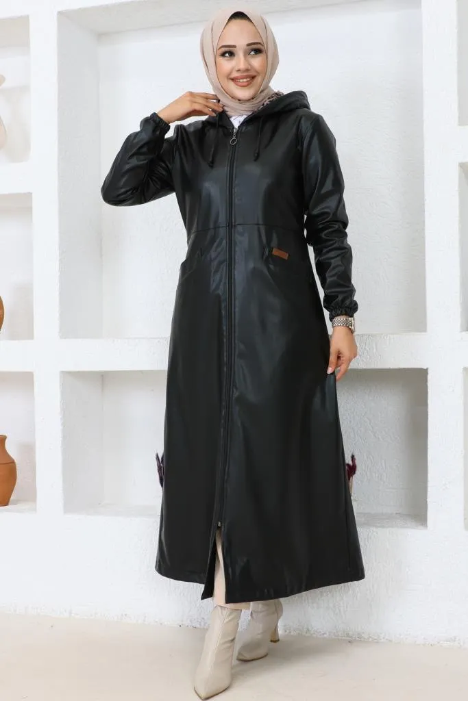 BNG Women Long Hijab Leather Trench Coat-Cap Black - Clermont