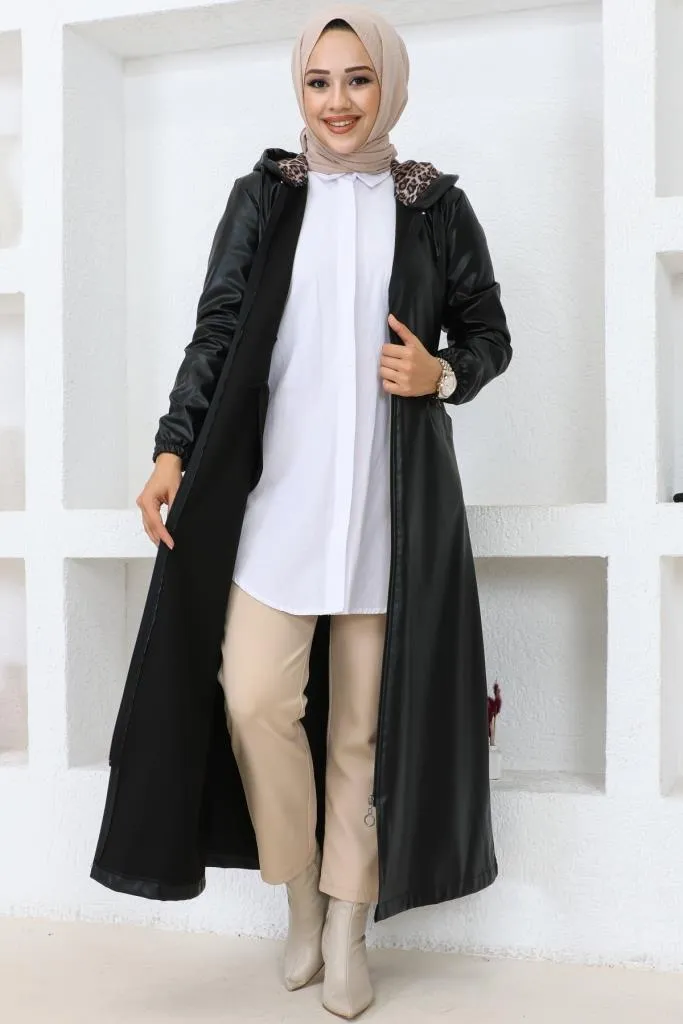 BNG Women Long Hijab Leather Trench Coat-Cap Black - Clermont