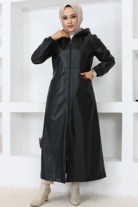 BNG Women Long Hijab Leather Trench Coat-Cap Black - Clermont