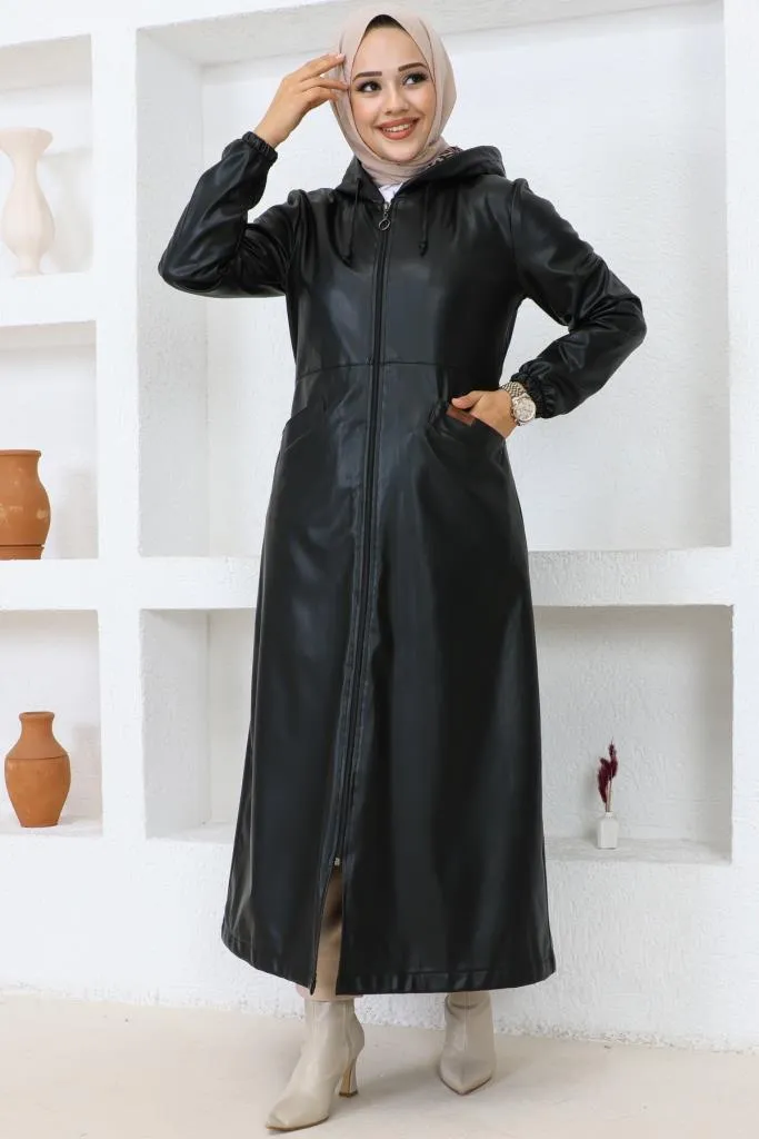 BNG Women Long Hijab Leather Trench Coat-Cap Black - Clermont