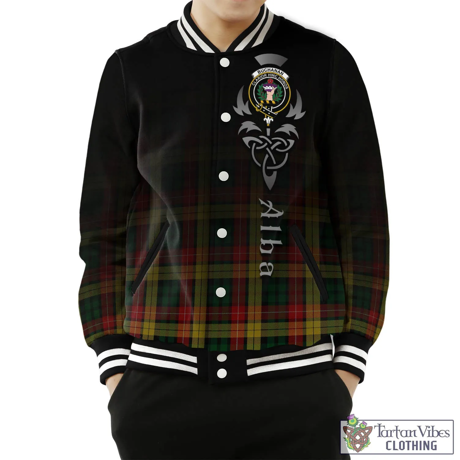 Buchanan Tartan Baseball Jacket Featuring Alba Gu Brath Family Crest Celtic Inspired
