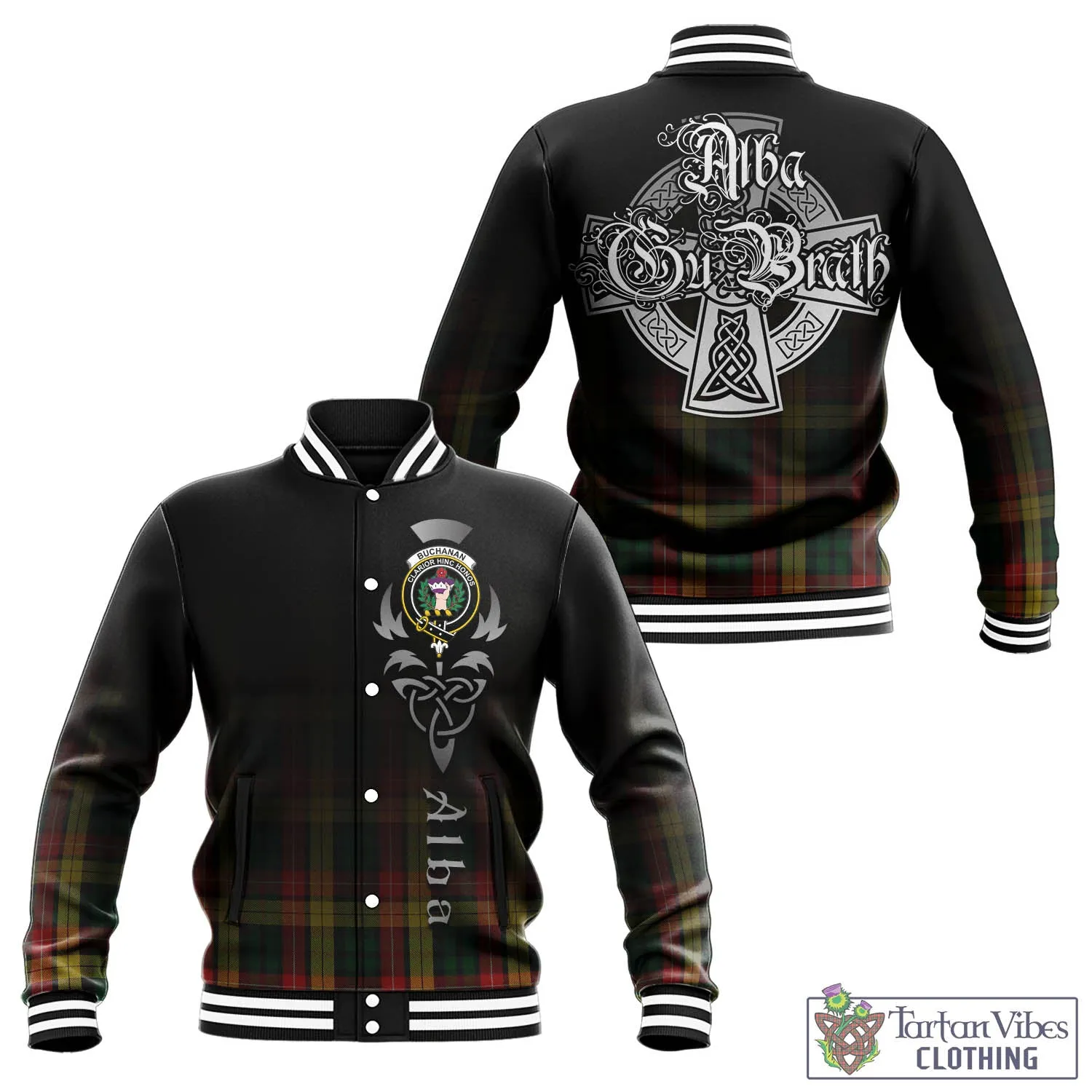 Buchanan Tartan Baseball Jacket Featuring Alba Gu Brath Family Crest Celtic Inspired