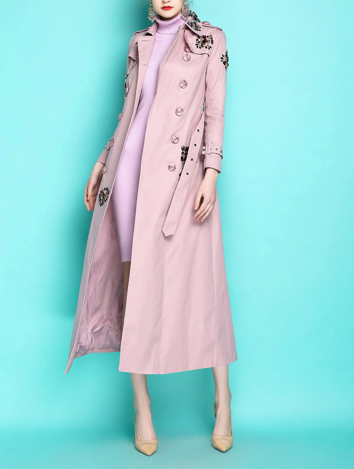 Classic autumn winter luxury limited edition handmade beaded trench coat  - Siaha lilac Pink