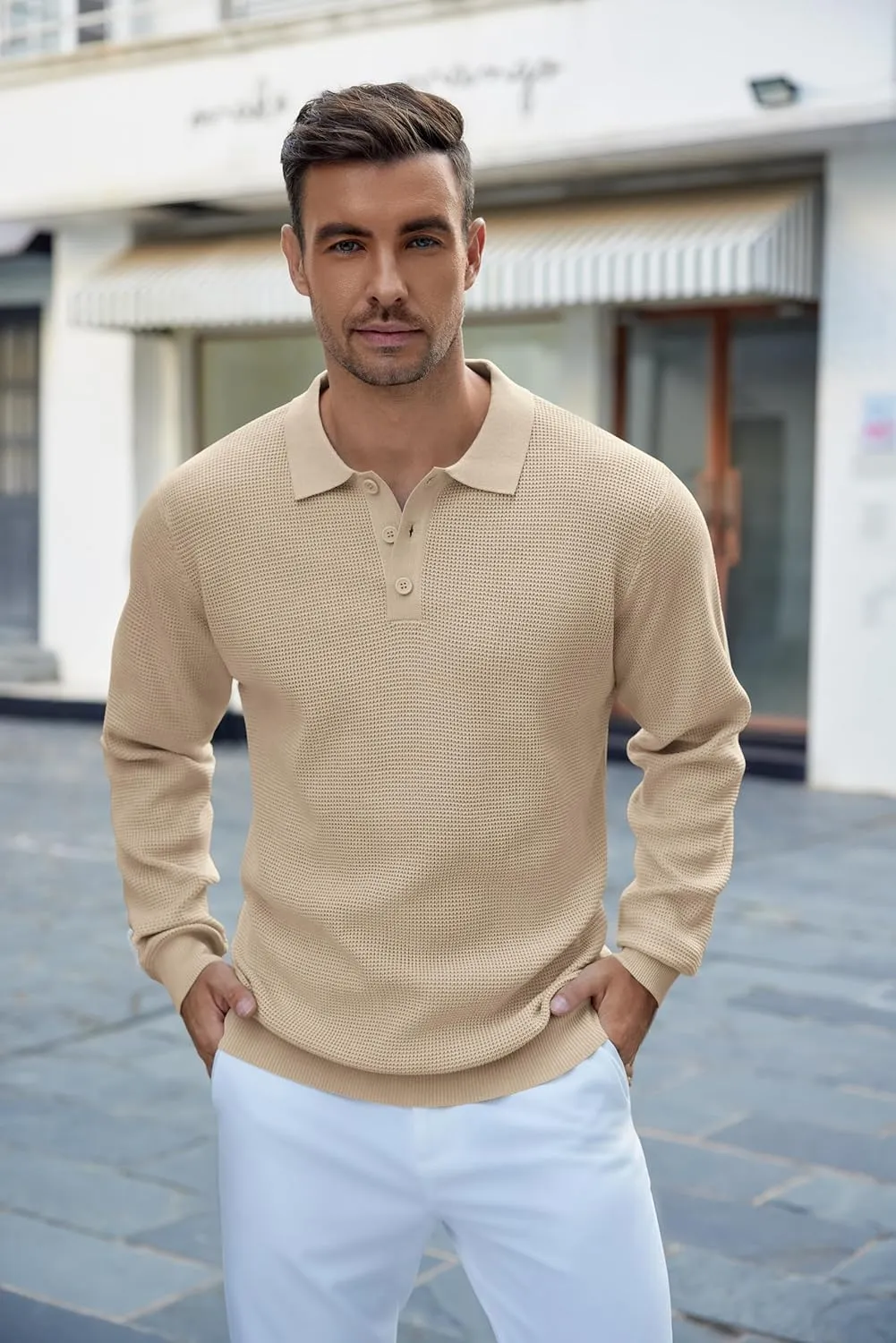 COOFANDY Mens Knit Polo Shirts Long Sleeve Sweater Casual Polo Shirts Lightweight Collared T Shirts