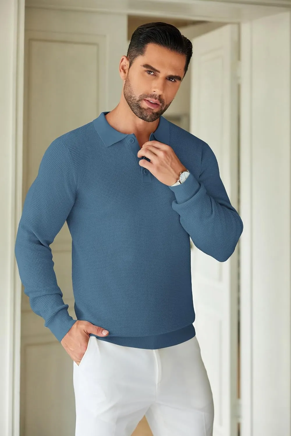 COOFANDY Mens Knit Polo Shirts Long Sleeve Sweater Casual Polo Shirts Lightweight Collared T Shirts