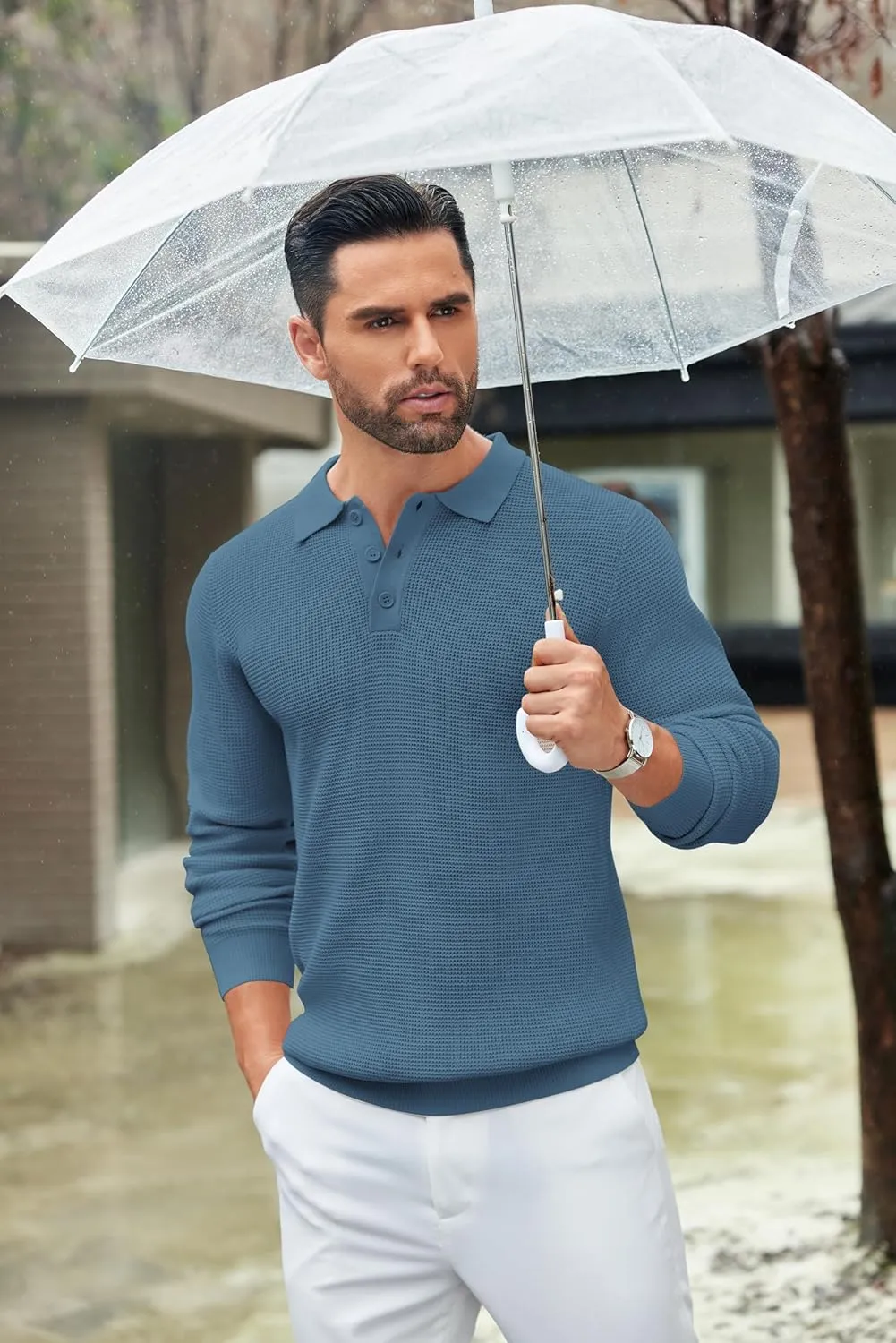 COOFANDY Mens Knit Polo Shirts Long Sleeve Sweater Casual Polo Shirts Lightweight Collared T Shirts