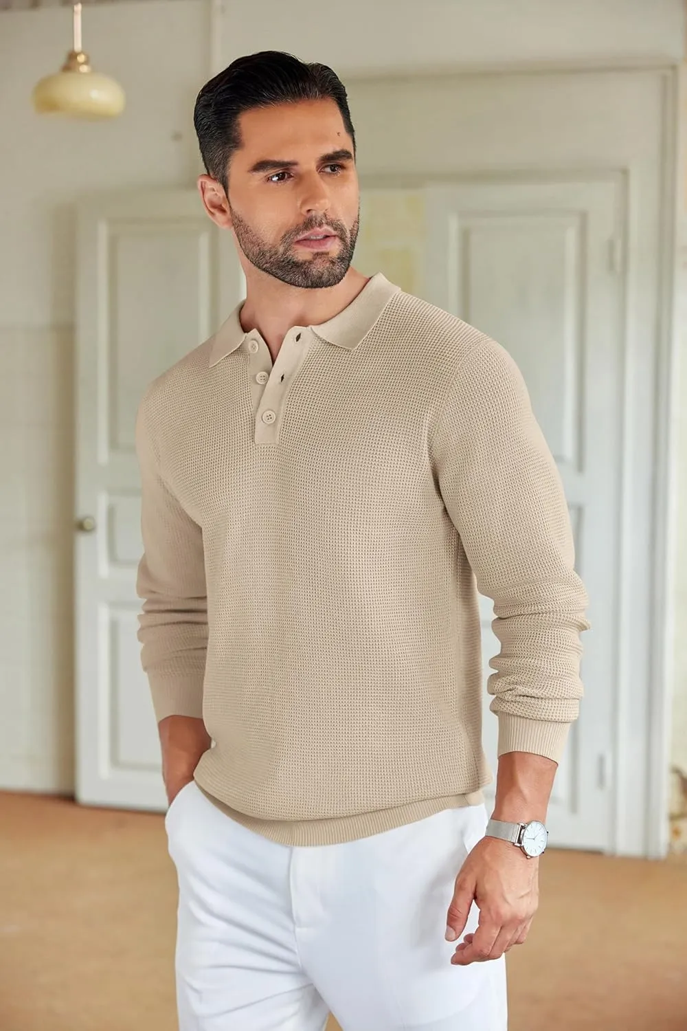 COOFANDY Mens Knit Polo Shirts Long Sleeve Sweater Casual Polo Shirts Lightweight Collared T Shirts