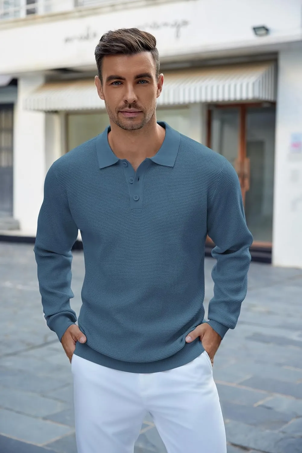 COOFANDY Mens Knit Polo Shirts Long Sleeve Sweater Casual Polo Shirts Lightweight Collared T Shirts