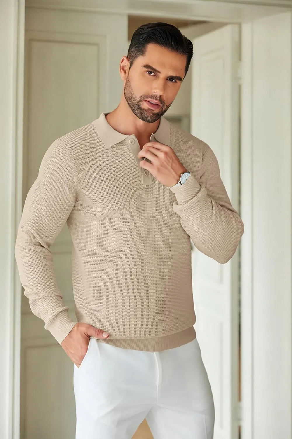 COOFANDY Mens Knit Polo Shirts Long Sleeve Sweater Casual Polo Shirts Lightweight Collared T Shirts