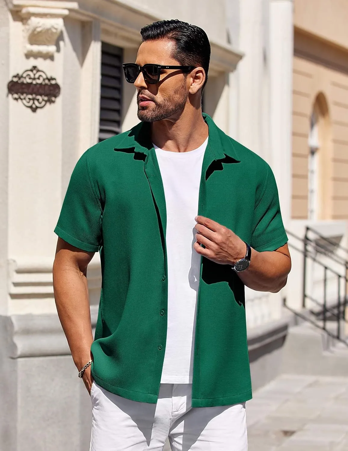 COOFANDY Mens Short Sleeve Button Down Shirts Waffle Shirt Casual Beach Summer Shirts Wrinkle Free Vacation Shirts