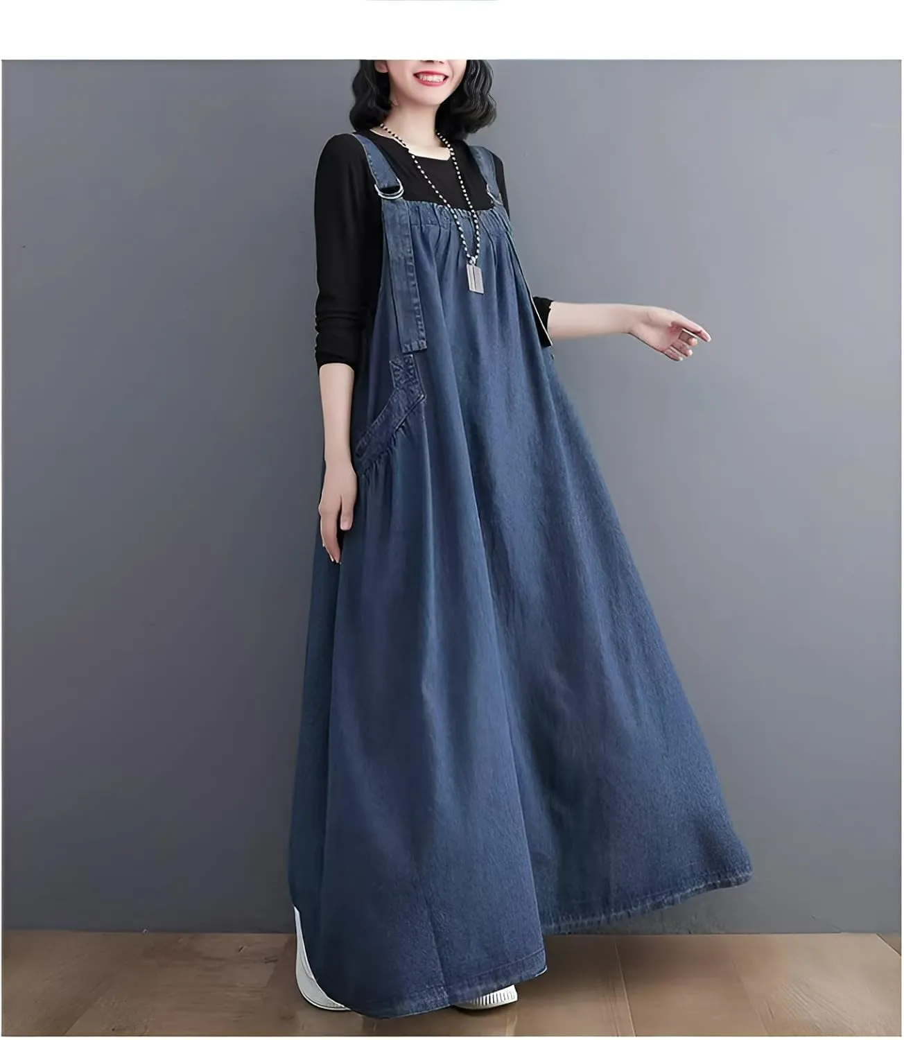 Denim Jumper Dress for Women Loose Version Baggy Style Maxi Length Adjustable Straps Wide Hemline