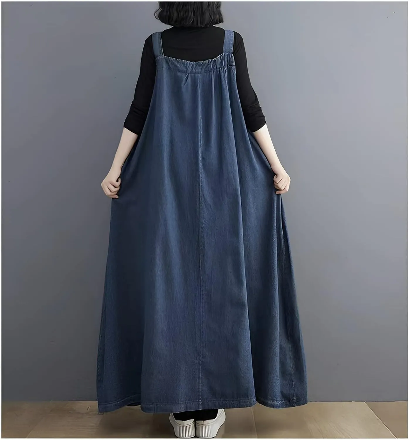 Denim Jumper Dress for Women Loose Version Baggy Style Maxi Length Adjustable Straps Wide Hemline