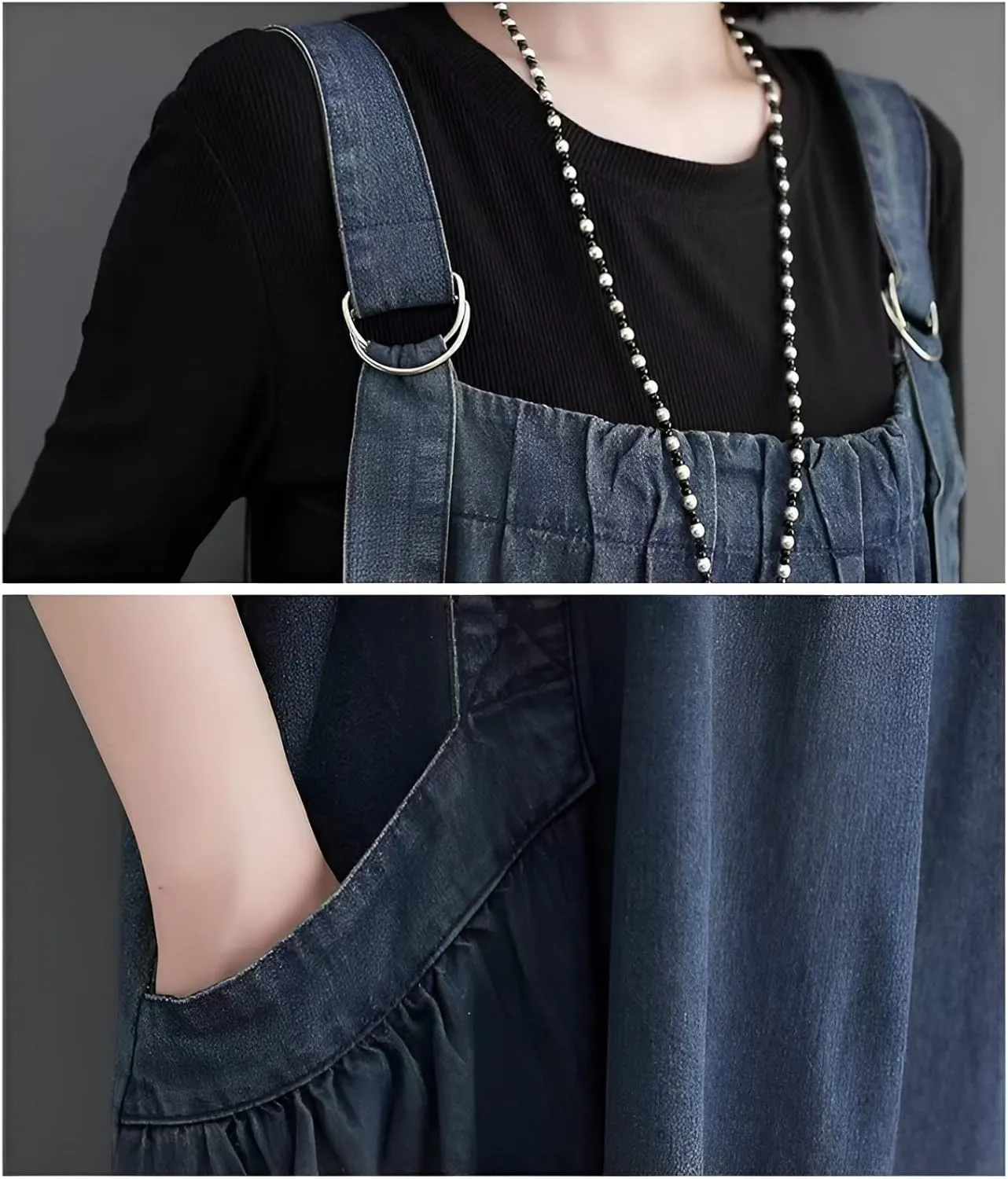 Denim Jumper Dress for Women Loose Version Baggy Style Maxi Length Adjustable Straps Wide Hemline
