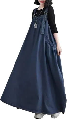 Denim Jumper Dress for Women Loose Version Baggy Style Maxi Length Adjustable Straps Wide Hemline
