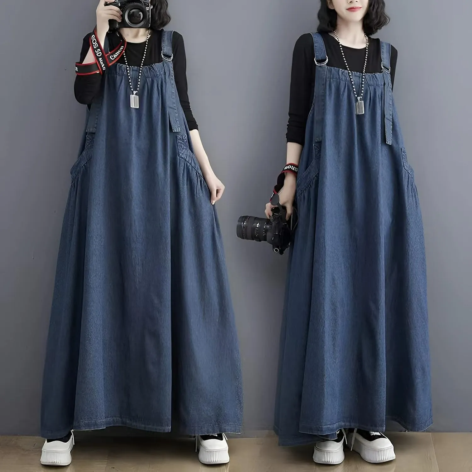 Denim Jumper Dress for Women Loose Version Baggy Style Maxi Length Adjustable Straps Wide Hemline