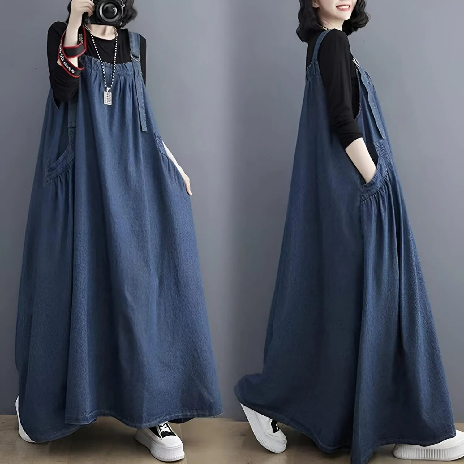 Denim Jumper Dress for Women Loose Version Baggy Style Maxi Length Adjustable Straps Wide Hemline