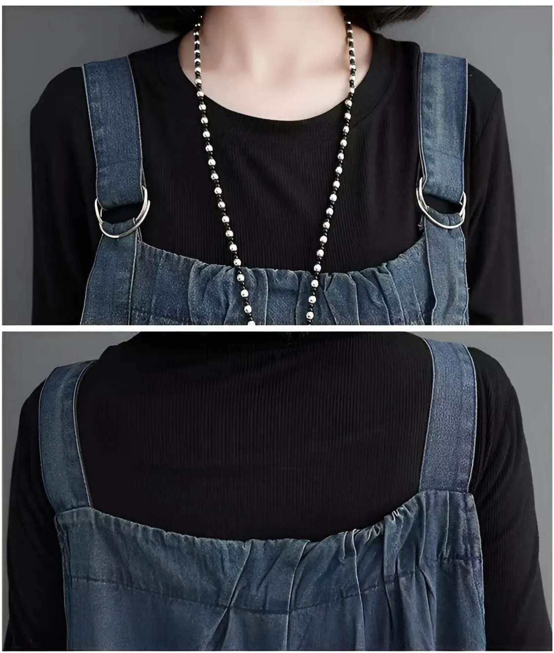 Denim Jumper Dress for Women Loose Version Baggy Style Maxi Length Adjustable Straps Wide Hemline