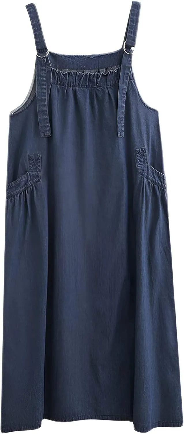 Denim Jumper Dress for Women Loose Version Baggy Style Maxi Length Adjustable Straps Wide Hemline
